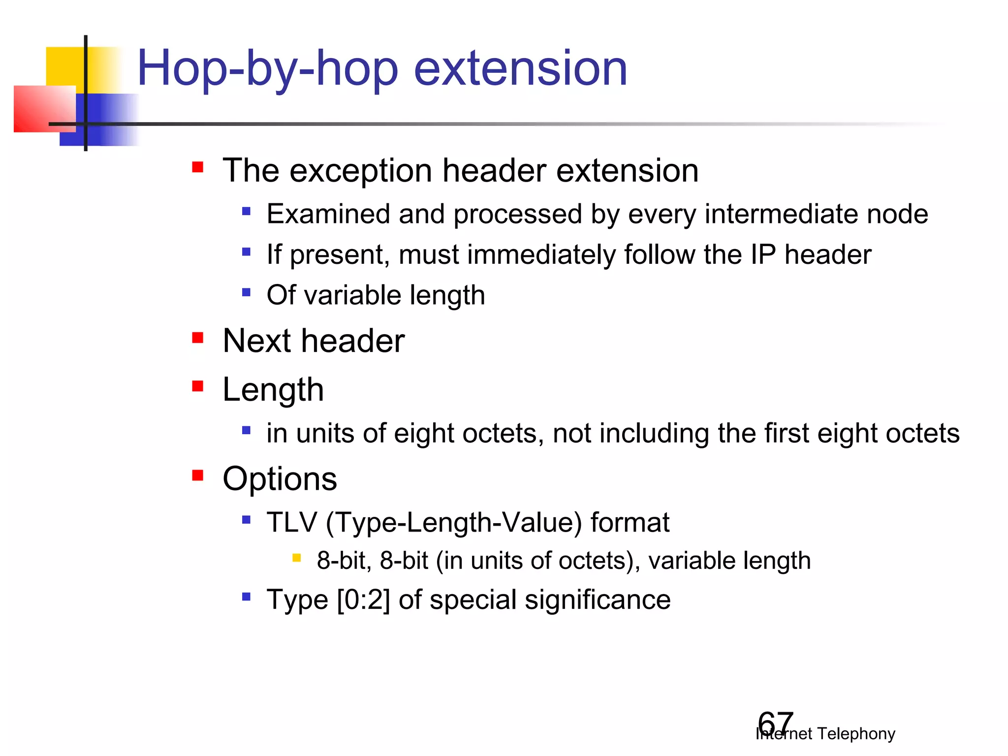 Hop-by-hop extension


The exception header extension







Next header
Length




Examined and processed by every intermediate node
If present, must immediately follow the IP header
Of variable length

in units of eight octets, not including the first eight octets

Options


TLV (Type-Length-Value) format




8-bit, 8-bit (in units of octets), variable length

Type [0:2] of special significance

67

Internet Telephony

 