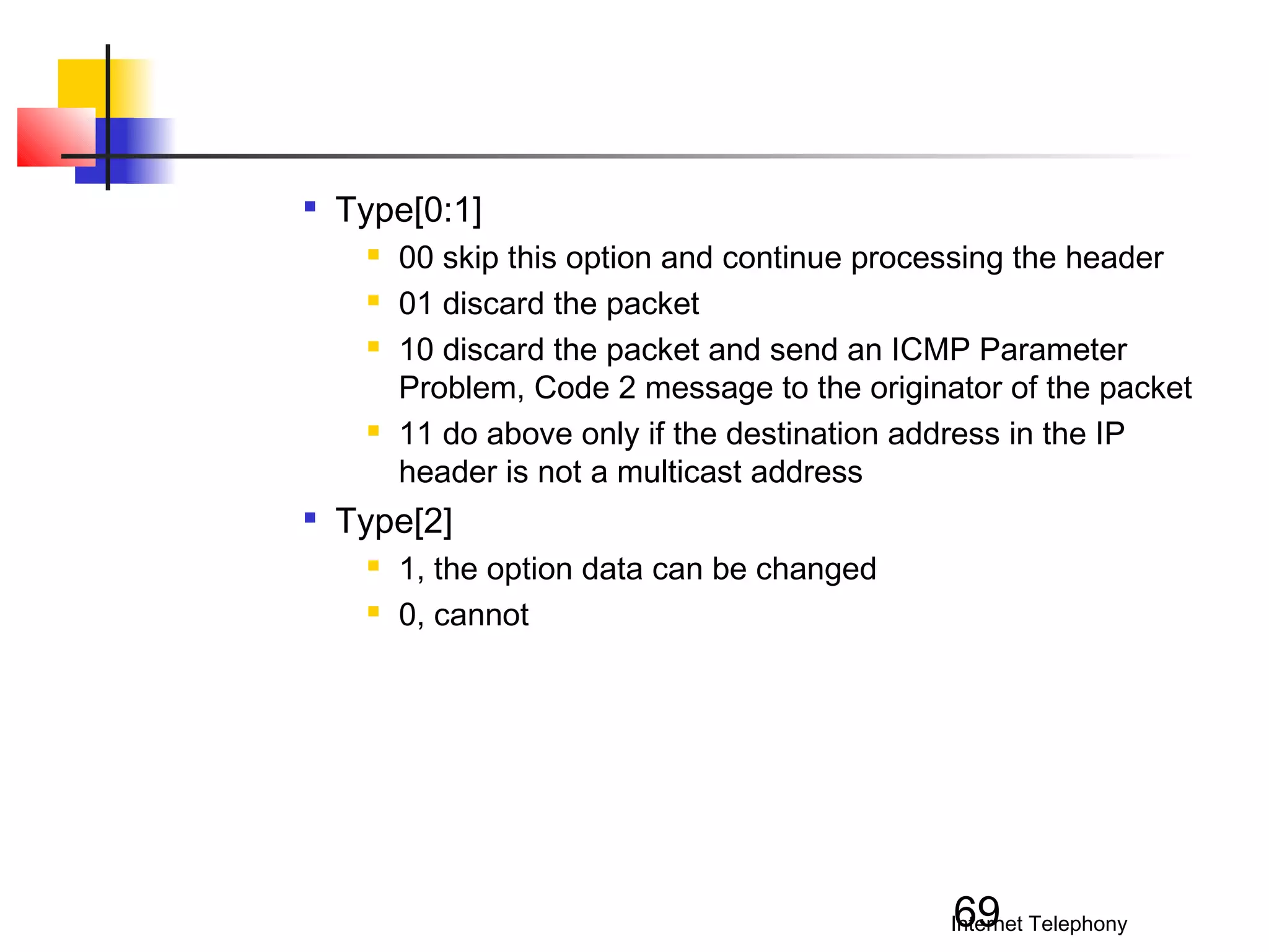

Type[0:1]








00 skip this option and continue processing the header
01 discard the packet
10 discard the packet and send an ICMP Parameter
Problem, Code 2 message to the originator of the packet
11 do above only if the destination address in the IP
header is not a multicast address

Type[2]



1, the option data can be changed
0, cannot

69

Internet Telephony

 
