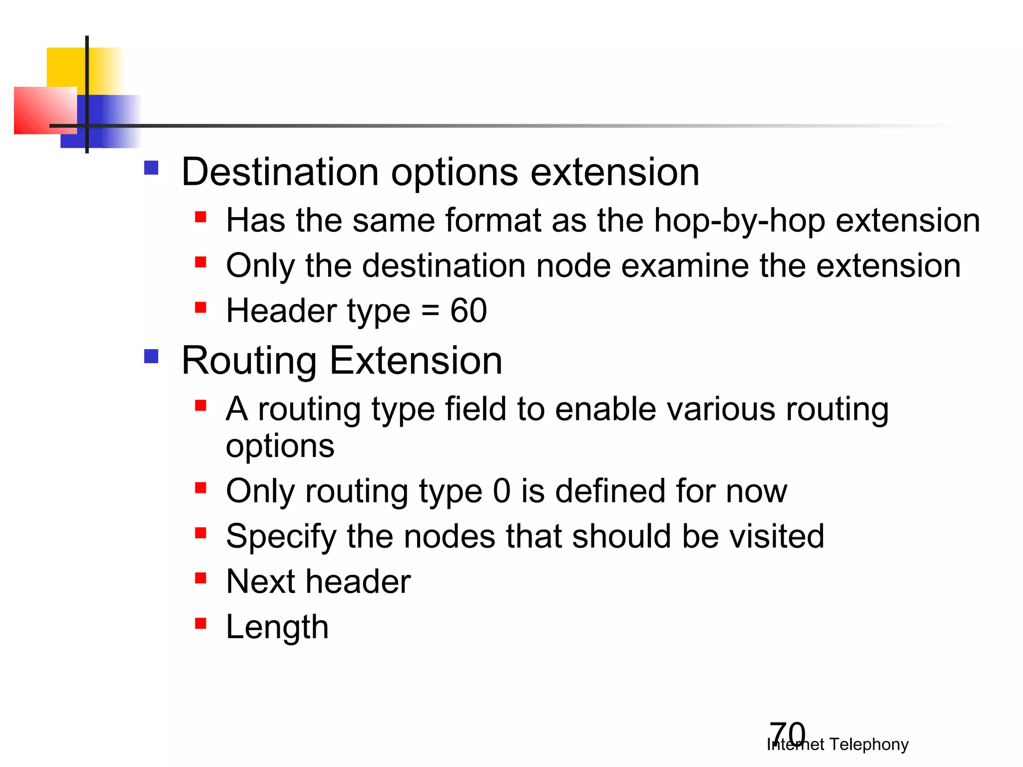 

Destination options extension






Has the same format as the hop-by-hop extension
Only the destination node examine the extension
Header type = 60

Routing Extension







A routing type field to enable various routing
options
Only routing type 0 is defined for now
Specify the nodes that should be visited
Next header
Length
70

Internet Telephony

 
