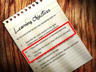 Learning ObjectivesBy the end of the lesson, you should be able to:Describe the main events in the light-independent stages of photosynthesis.* Describe mechanism of stomatal opening.* Describe the factors that influence stomatal opening.Describe the formation of carbohydrates and their subsequent storage. Outline the intake of carbon dioxide and water by plants for photosynthesis.