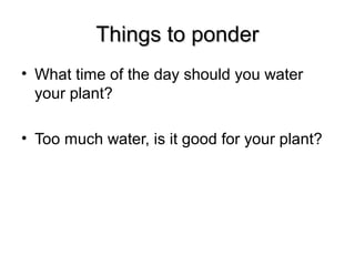 Things to ponderThings to ponder
• What time of the day should you water
your plant?
• Too much water, is it good for your plant?
 