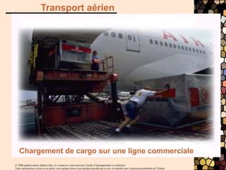 © 2006 gaëtan morin éditeur ltée, Le commerce international, Guide d’enseignement et solutions
Toute reproduction, en tout ou en partie, sous quelque forme et par quelque procédé que ce soit, est interdite sans l’autorisation préalable de l’Éditeur.
Transport aérien
Chargement de cargo sur une ligne commerciale
 
