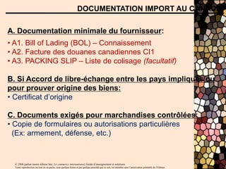 © 2006 gaëtan morin éditeur ltée, Le commerce international, Guide d’enseignement et solutions
Toute reproduction, en tout ou en partie, sous quelque forme et par quelque procédé que ce soit, est interdite sans l’autorisation préalable de l’Éditeur.
DOCUMENTATION IMPORT AU CANADA
A. Documentation minimale du fournisseur:
• A1. Bill of Lading (BOL) – Connaissement
• A2. Facture des douanes canadiennes CI1
• A3. PACKING SLIP – Liste de colisage (facultatif)
B. Si Accord de libre-échange entre les pays impliqués ou
pour prouver origine des biens:
• Certificat d’origine
C. Documents exigés pour marchandises contrôlées:
• Copie de formulaires ou autorisations particulières
(Ex: armement, défense, etc.)
 