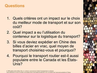 © 2006 gaëtan morin éditeur ltée, Le commerce international, Guide d’enseignement et solutions
Toute reproduction, en tout ou en partie, sous quelque forme et par quelque procédé que ce soit, est interdite sans l’autorisation préalable de l’Éditeur.
Questions
1. Quels critères ont un impact sur le choix
du meilleur mode de transport et sur son
coût?
2. Quel impact a eu l’utilisation du
conteneur sur la logistique du transport?
3. Si vous deviez expédier en Chine des
billes d’acier en vrac, quel moyen de
transport choisiriez-vous et pourquoi?
4. Pourquoi le transport routier est-il aussi
populaire entre le Canada et les États-
Unis?
 