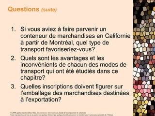 © 2006 gaëtan morin éditeur ltée, Le commerce international, Guide d’enseignement et solutions
Toute reproduction, en tout ou en partie, sous quelque forme et par quelque procédé que ce soit, est interdite sans l’autorisation préalable de l’Éditeur.
Questions (suite)
1. Si vous aviez à faire parvenir un
conteneur de marchandises en Californie
à partir de Montréal, quel type de
transport favoriseriez-vous?
2. Quels sont les avantages et les
inconvénients de chacun des modes de
transport qui ont été étudiés dans ce
chapitre?
3. Quelles inscriptions doivent figurer sur
l’emballage des marchandises destinées
à l’exportation?
 