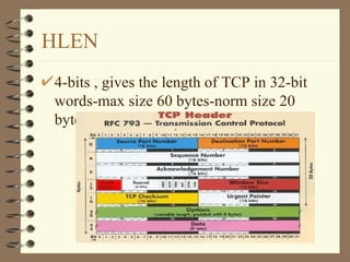 HLEN 4-bits , gives the length of TCP in 32-bit words-max size 60 bytes-norm size 20 bytes 