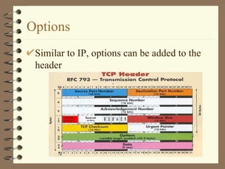 Options Similar to IP, options can be added to the header 