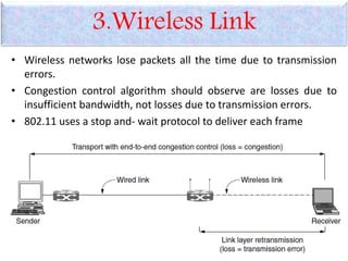 3.Wireless Link
• Wireless networks lose packets all the time due to transmission
errors.
• Congestion control algorithm should observe are losses due to
insufficient bandwidth, not losses due to transmission errors.
• 802.11 uses a stop and- wait protocol to deliver each frame
 