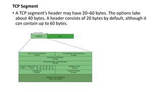 TCP Segment
• A TCP segment’s header may have 20–60 bytes. The options take
about 40 bytes. A header consists of 20 bytes by default, although it
can contain up to 60 bytes.
 