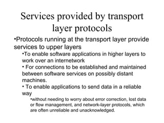 Services provided by transport layer protocols ,[object Object],[object Object],[object Object],[object Object],[object Object]