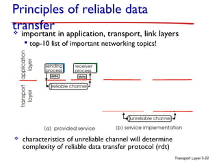 Principles of reliable data
transfer


important in application, transport, link layers
 top-10 list of important networking topics!



characteristics of unreliable channel will determine
complexity of reliable data transfer protocol (rdt)
Transport Layer 3-22

 