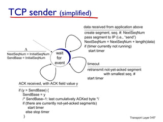 TCP sender (simplified)
data received from application above

Λ
NextSeqNum = InitialSeqNum
SendBase = InitialSeqNum

wait
for
event

create segment, seq. #: NextSeqNum
pass segment to IP (i.e., “send”)
NextSeqNum = NextSeqNum + length(data)
if (timer currently not running)
start timer
timeout
retransmit not-yet-acked segment
with smallest seq. #
start timer

ACK received, with ACK field value y
if (y > SendBase) {
SendBase = y
/* SendBase–1: last cumulatively ACKed byte */
if (there are currently not-yet-acked segments)
start timer
else stop timer
}

Transport Layer 3-67

 
