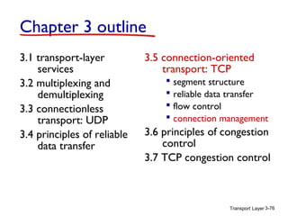 Chapter 3 outline
3.1 transport-layer
services
3.2 multiplexing and
demultiplexing
3.3 connectionless
transport: UDP
3.4 principles of reliable
data transfer

3.5 connection-oriented
transport: TCP
 segment structure
 reliable data transfer
 flow control
 connection management

3.6 principles of congestion
control
3.7 TCP congestion control

Transport Layer 3-76

 