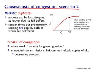 Causes/costs of congestion: scenario 2




packets can be lost, dropped
at router due to full buffers
sender times out prematurely,
sending two copies, both of
which are delivered

R/2
when sending at R/2,
some packets are
retransmissions
including duplicated
that are delivered!

λout

Realistic: duplicates

λin

R/2

“costs” of congestion:



more work (retrans) for given “goodput”
unneeded retransmissions: link carries multiple copies of pkt
 decreasing goodput

Transport Layer 3-92

 