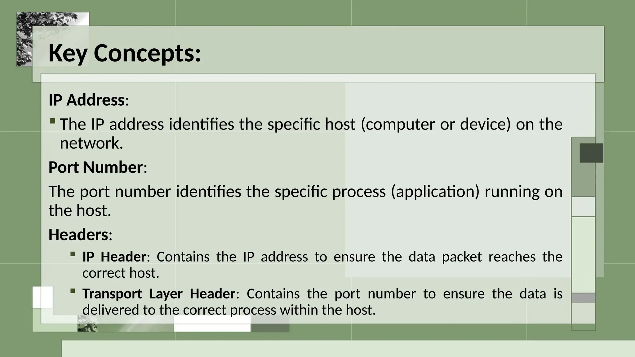 Key Concepts:
IP Address:
 The IP address identifies the specific host (computer or device) on the
network.
Port Number:
The port number identifies the specific process (application) running on
the host.
Headers:
 IP Header: Contains the IP address to ensure the data packet reaches the
correct host.
 Transport Layer Header: Contains the port number to ensure the data is
delivered to the correct process within the host.
 