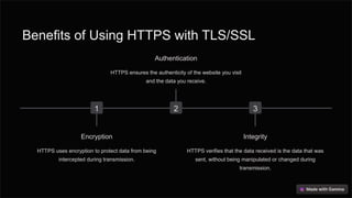 Benefits of Using HTTPS with TLS/SSL
1
Encryption
HTTPS uses encryption to protect data from being
intercepted during transmission.
2
Authentication
HTTPS ensures the authenticity of the website you visit
and the data you receive.
3
Integrity
HTTPS verifies that the data received is the data that was
sent, without being manipulated or changed during
transmission.
 