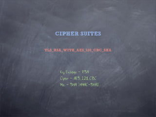 CIPHER SUITES

TLS_RSA_WITH_AES_128_CBC_SHA




      Key Exchange - RSA
      Cipher - AES_128_CBC
      Mac - SHA (HMAC-SHA1)
 