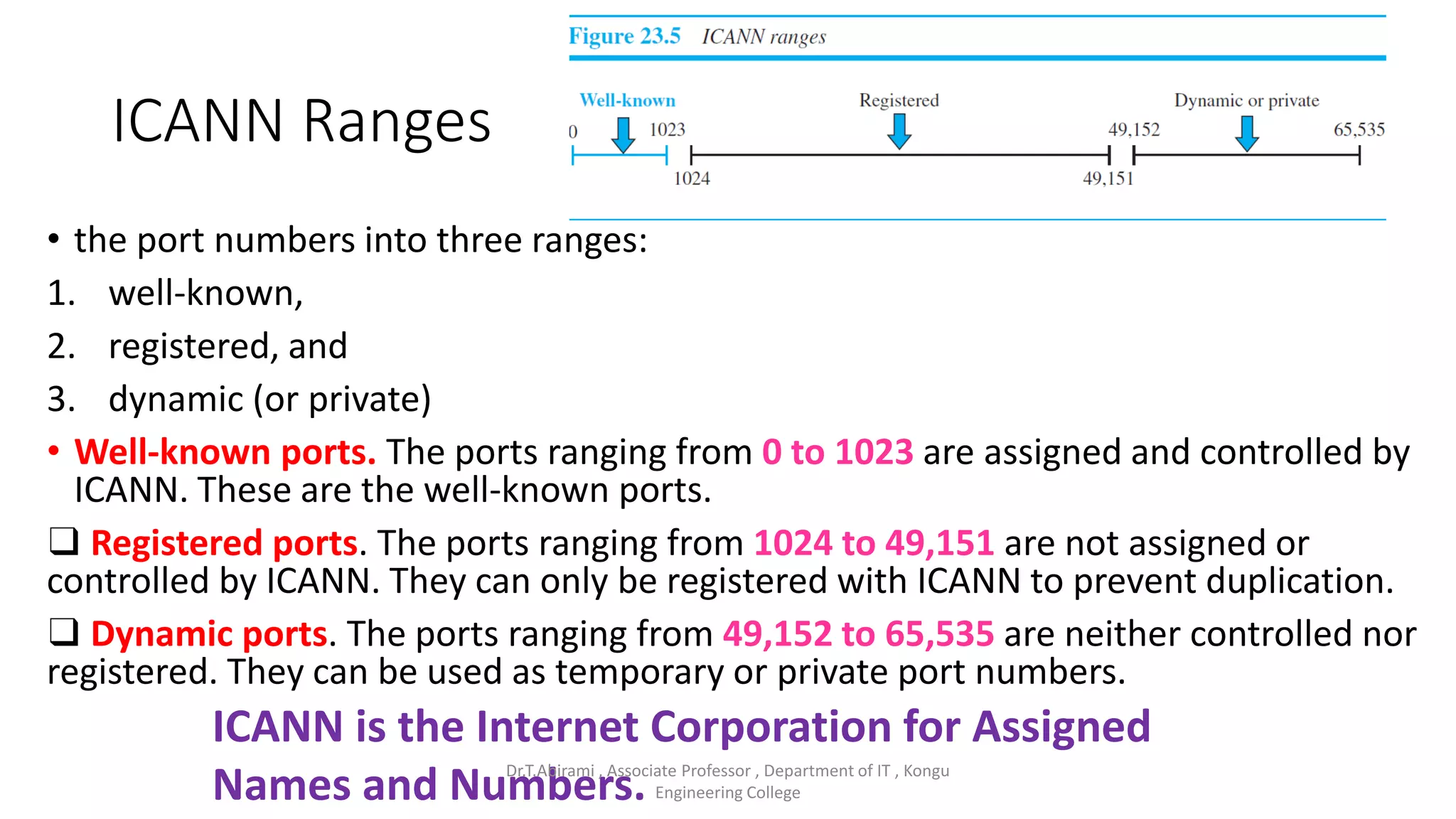 ICANN Ranges
• the port numbers into three ranges:
1. well-known,
2. registered, and
3. dynamic (or private)
• Well-known ports. The ports ranging from 0 to 1023 are assigned and controlled by
ICANN. These are the well-known ports.
❑ Registered ports. The ports ranging from 1024 to 49,151 are not assigned or
controlled by ICANN. They can only be registered with ICANN to prevent duplication.
❑ Dynamic ports. The ports ranging from 49,152 to 65,535 are neither controlled nor
registered. They can be used as temporary or private port numbers.
ICANN is the Internet Corporation for Assigned
Names and Numbers.
Dr.T.Abirami , Associate Professor , Department of IT , Kongu
Engineering College
 