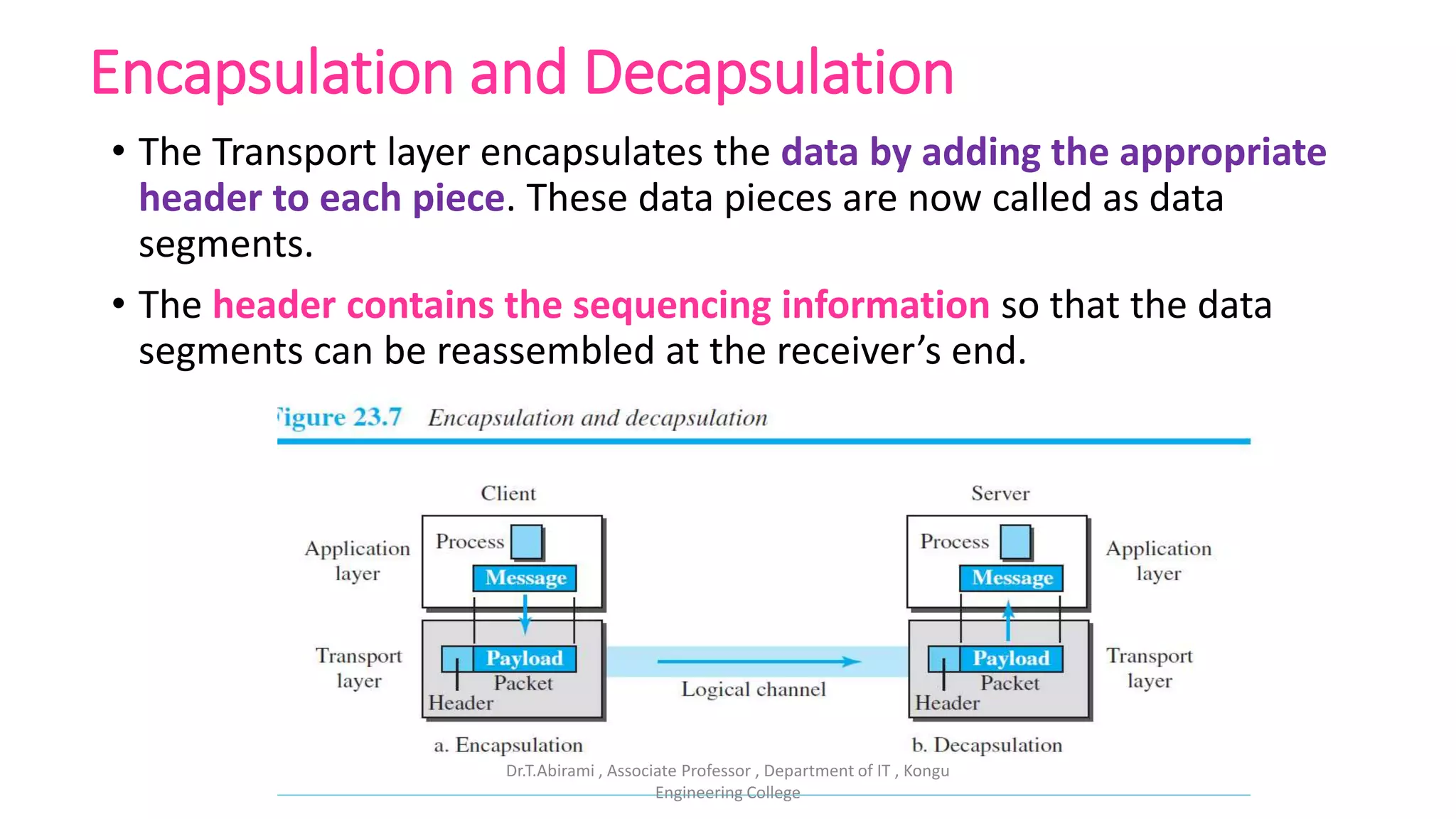 Encapsulation and Decapsulation
• The Transport layer encapsulates the data by adding the appropriate
header to each piece. These data pieces are now called as data
segments.
• The header contains the sequencing information so that the data
segments can be reassembled at the receiver’s end.
Dr.T.Abirami , Associate Professor , Department of IT , Kongu
Engineering College
 