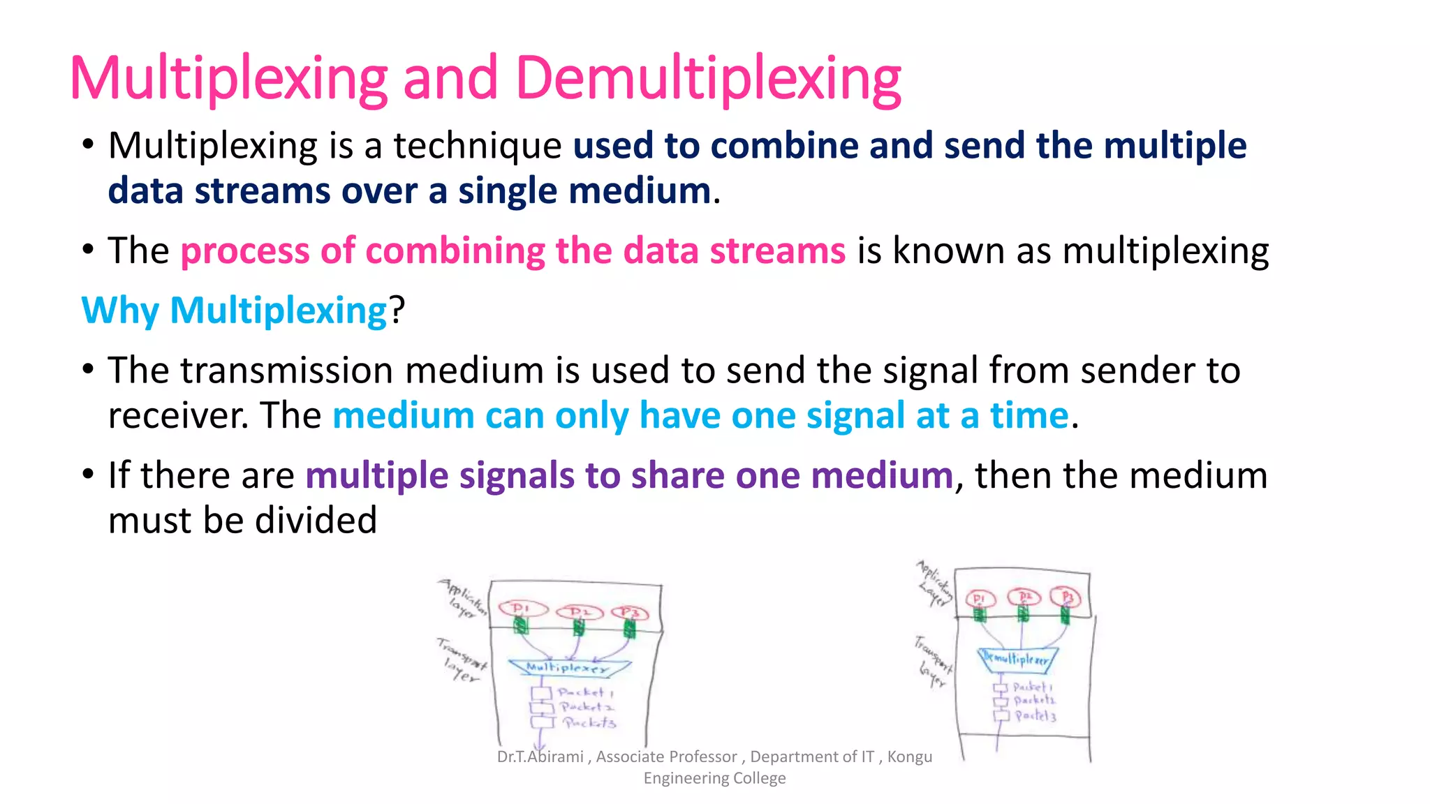 Multiplexing and Demultiplexing
• Multiplexing is a technique used to combine and send the multiple
data streams over a single medium.
• The process of combining the data streams is known as multiplexing
Why Multiplexing?
• The transmission medium is used to send the signal from sender to
receiver. The medium can only have one signal at a time.
• If there are multiple signals to share one medium, then the medium
must be divided
Dr.T.Abirami , Associate Professor , Department of IT , Kongu
Engineering College
 