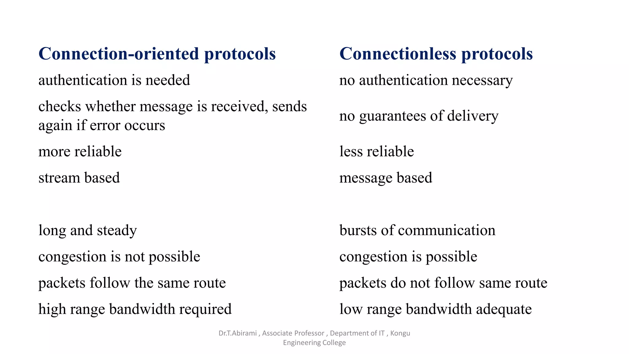 Connection-oriented protocols Connectionless protocols
authentication is needed no authentication necessary
checks whether message is received, sends
again if error occurs
no guarantees of delivery
more reliable less reliable
stream based message based
long and steady bursts of communication
congestion is not possible congestion is possible
packets follow the same route packets do not follow same route
high range bandwidth required low range bandwidth adequate
Dr.T.Abirami , Associate Professor , Department of IT , Kongu
Engineering College
 
