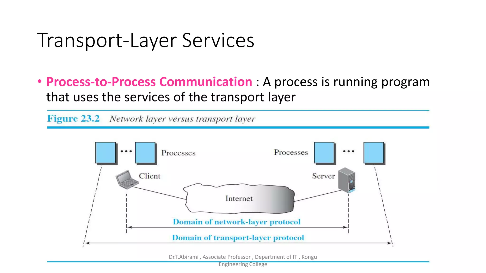 Transport-Layer Services
• Process-to-Process Communication : A process is running program
that uses the services of the transport layer
Dr.T.Abirami , Associate Professor , Department of IT , Kongu
Engineering College
 