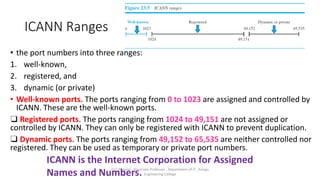 ICANN Ranges
• the port numbers into three ranges:
1. well-known,
2. registered, and
3. dynamic (or private)
• Well-known ports. The ports ranging from 0 to 1023 are assigned and controlled by
ICANN. These are the well-known ports.
❑ Registered ports. The ports ranging from 1024 to 49,151 are not assigned or
controlled by ICANN. They can only be registered with ICANN to prevent duplication.
❑ Dynamic ports. The ports ranging from 49,152 to 65,535 are neither controlled nor
registered. They can be used as temporary or private port numbers.
ICANN is the Internet Corporation for Assigned
Names and Numbers.
Dr.T.Abirami , Associate Professor , Department of IT , Kongu
Engineering College
 