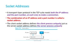 Socket Addresses
• A transport-layer protocol in the TCP suite needs both the IP address
and the port number, at each end, to make a connection.
• The combination of an IP address and a port number is called a
socket address.
• The client socket address defines the client process uniquely just as
the server socket address defines the server process uniquely
Dr.T.Abirami , Associate Professor , Department of IT , Kongu
Engineering College
 