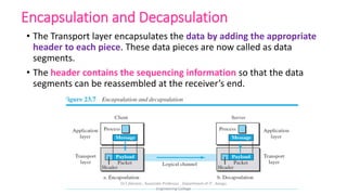 Encapsulation and Decapsulation
• The Transport layer encapsulates the data by adding the appropriate
header to each piece. These data pieces are now called as data
segments.
• The header contains the sequencing information so that the data
segments can be reassembled at the receiver’s end.
Dr.T.Abirami , Associate Professor , Department of IT , Kongu
Engineering College
 