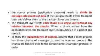 • the source process (application program) needs to divide its
message into chunks of data of the size acceptable by the transport
layer and deliver them to the transport layer one by one.
• The transport layer treats each chunk as a single unit without any
relation between the chunks. When a chunk arrives from the
application layer, the transport layer encapsulates it in a packet and
sends it.
• To show the independency of packets, assume that a client process
has three chunks of messages to send to a server process. The
chunks are handed over to the connectionless transport protocol in
order
Dr.T.Abirami , Associate Professor , Department of IT , Kongu
Engineering College
 