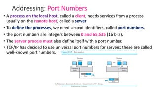 Addressing: Port Numbers
• A process on the local host, called a client, needs services from a process
usually on the remote host, called a server
• To define the processes, we need second identifiers, called port numbers.
• the port numbers are integers between 0 and 65,535 (16 bits).
• The server process must also define itself with a port number.
• TCP/IP has decided to use universal port numbers for servers; these are called
well-known port numbers.
Dr.T.Abirami , Associate Professor , Department of IT , Kongu
Engineering College
 