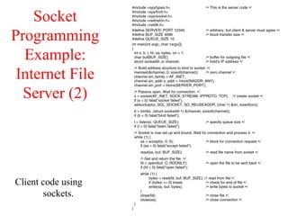 Socket
Programming
Example:
Internet File
Server (2)
Client code using
sockets.
 