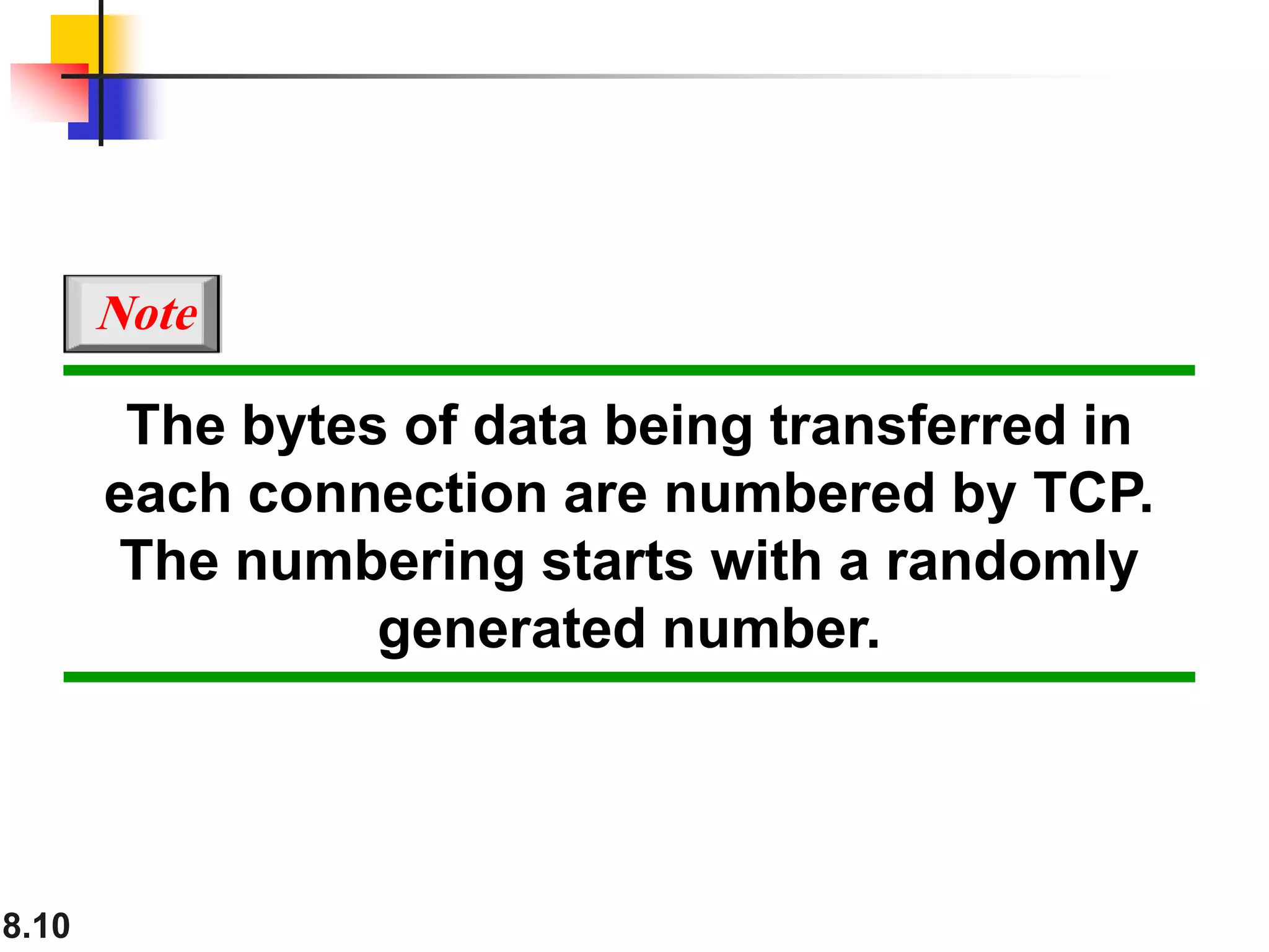 8.10
The bytes of data being transferred in
each connection are numbered by TCP.
The numbering starts with a randomly
generated number.
Note
 