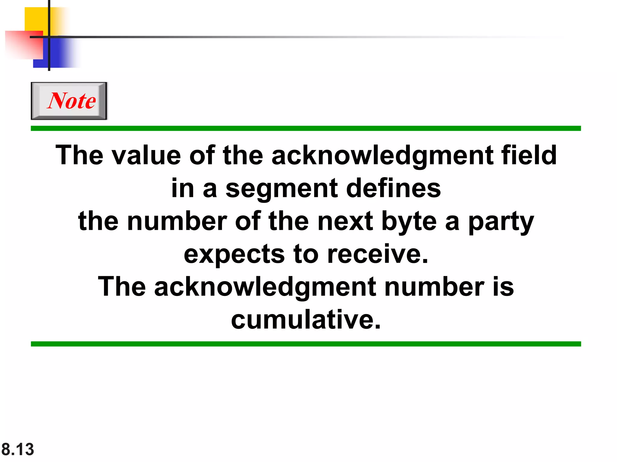 8.13
The value of the acknowledgment field
in a segment defines
the number of the next byte a party
expects to receive.
The acknowledgment number is
cumulative.
Note
 
