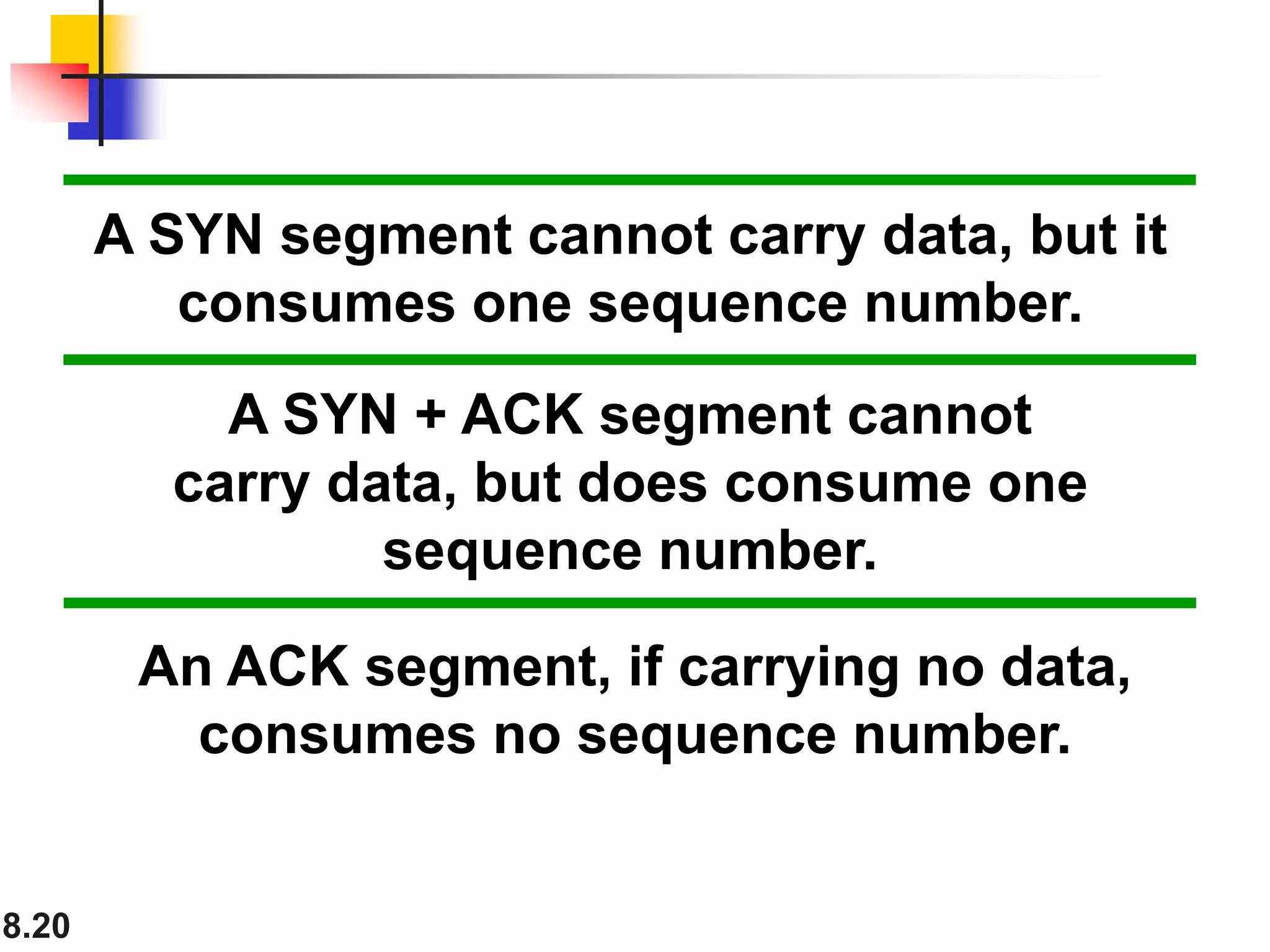 8.20
A SYN segment cannot carry data, but it
consumes one sequence number.
A SYN + ACK segment cannot
carry data, but does consume one
sequence number.
An ACK segment, if carrying no data,
consumes no sequence number.
 