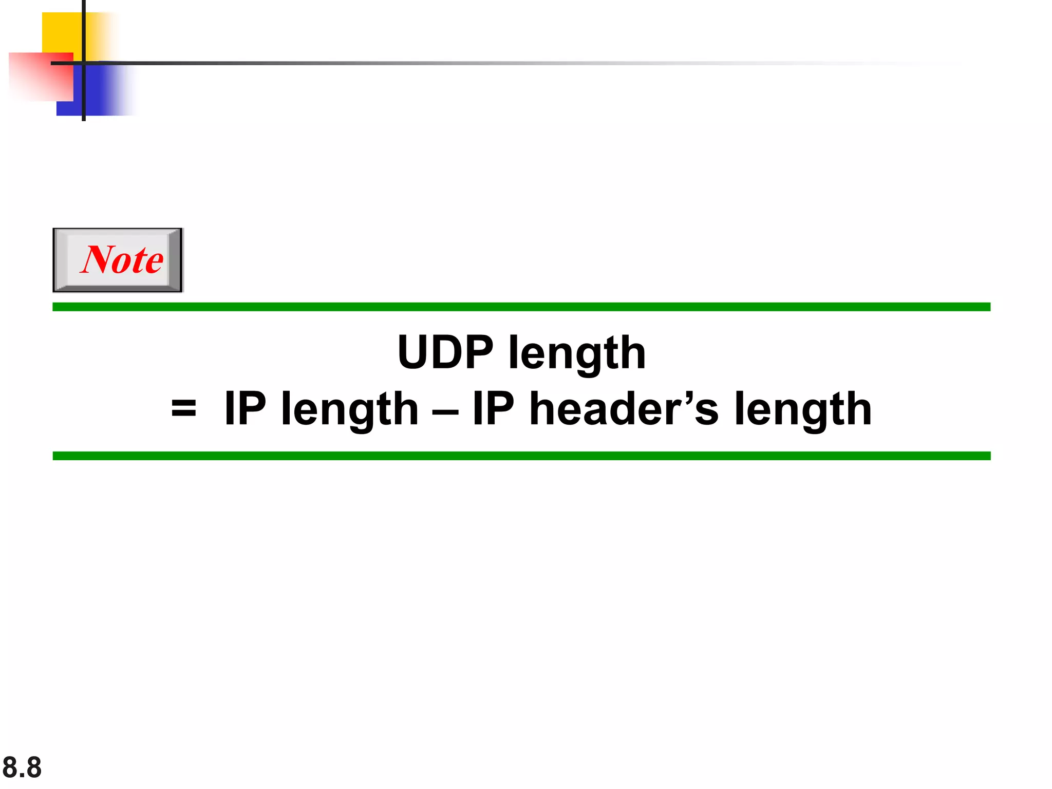 8.8
UDP length
= IP length – IP header’s length
Note
 