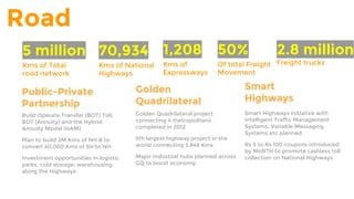 Road
5 million
Kms of Total
road network
70,934
Kms of National
Highways
1,208
Kms of
Expressways
Public-Private
Partnership
Build Operate Transfer (BOT) Toll,
BOT (Annuity) and the Hybrid
Annuity Model (HAM)
Plan to build 2M Kms of NH & to
convert 40,000 Kms of SH to NH
Investment opportunities in logistic
parks, cold storage, warehousing
along the Highways
Golden
Quadrilateral
Golden Quadrilateral project
connecting 4 metropolitans
completed in 2012
5th largest highway project in the
world connecting 5,846 Kms
Major Industrial hubs planned across
GQ to boost economy
Smart
Highways
Smart Highways initiative with
Intelligent Traffic Management
Systems, Variable Messaging
Systems etc planned
Rs 5 to Rs 100 coupons introduced
by MoRTH to promote cashless toll
collection on National Highways
2.8 million
Freight trucks
50%
Of total Freight
Movement
 