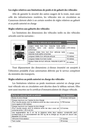114
Les règles relatives aux limitations de poids et de gabarit des véhicules
Afin de garantir la sécurité des autres usagers de la route, mais aussi
celle des infrastructures routières, les véhicules mis en circulation au
Cameroun doivent obéir à un certain nombre de règles relatives au gabarit
et au poids autorisé en charge
Règles relatives aux gabarits des véhicules
Les limitations des dimensions des véhicules isolés ou des véhicules
articulés sont les suivantes :
Tout dépassement des dimensions ci-dessus énuméré est assujetti à
l’obtention préalable d’une autorisation délivrée par le service compétent
du ministère des transports.
Règles relatives au poids autorisé en charge des véhicules
Les limitations relatives au poids maximum autorisé en charge pour
tout véhicule mis en circulation sont décrites dans le tableau suivant. Elles
sont aussi inscrites sur le certificat d’immatriculation de chaque véhicule.
 