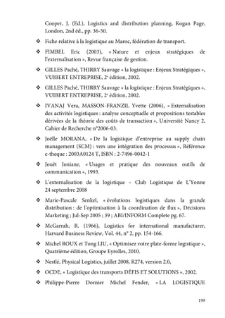 199
Cooper, J. (Ed.), Logistics and distribution planning, Kogan Page,
London, 2nd éd., pp. 36-50.
Fiche relative à la logistique au Maroc, fédération de transport.
FIMBEL Eric (2003), « Nature et enjeux stratégiques de
l’externalisation », Revue française de gestion.
GILLES Paché, THIRRY Sauvage « la logistique : Enjeux Stratégiques »,
VUIBERT ENTREPRISE, 2e
édition, 2002.
GILLES Paché, THIRRY Sauvage « la logistique : Enjeux Stratégiques »,
VUIBERT ENTREPRISE, 2e
édition, 2002.
IVANAJ Vera, MASSON-FRANZIL Yvette (2006), « Externalisation
des activités logistiques : analyse conceptuelle et propositions testables
dérivées de la théorie des coûts de transaction », Université Nancy 2,
Cahier de Recherche n°2006-03.
Joëlle MORANA, « De la logistique d’entreprise au supply chain
management (SCM) : vers une intégration des processus », Référence
e-theque : 2003A0124 T, ISBN : 2-7496-0042-1
Jouët Joniane, « Usages et pratique des nouveaux outils de
communication », 1993.
L’externalisation de la logistique – Club Logistique de L’Yonne
24 septembre 2008
Marie-Pascale Senkel, « évolutions logistiques dans la grande
distribution : de l’optimisation à la coordination de flux », Décisions
Marketing ; Jul-Sep 2005 ; 39 ; ABI/INFORM Complete pg. 67.
McGarrah, R. (1966), Logistics for international manufacturer,
Harvard Business Review, Vol. 44, n° 2, pp. 154-166.
Michel ROUX et Tong LIU, « Optimisez votre plate-forme logistique »,
Quatrième édition, Groupe Eyrolles, 2010.
Nestlé, Physical Logistics, juillet 2008, R274, version 2.0,
OCDE, « Logistique des transports DÉFIS ET SOLUTIONS », 2002.
Philippe-Pierre Dornier Michel Fender, « LA LOGISTIQUE
 
