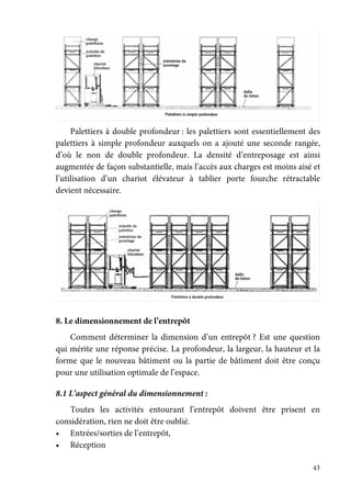 43
Palettiers à double profondeur : les palettiers sont essentiellement des
palettiers à simple profondeur auxquels on a ajouté une seconde rangée,
d’où le non de double profondeur. La densité d’entreposage est ainsi
augmentée de façon substantielle, mais l’accès aux charges est moins aisé et
l’utilisation d’un chariot élévateur à tablier porte fourche rétractable
devient nécessaire.
8. Le dimensionnement de l’entrepôt
Comment déterminer la dimension d’un entrepôt ? Est une question
qui mérite une réponse précise. La profondeur, la largeur, la hauteur et la
forme que le nouveau bâtiment ou la partie de bâtiment doit être conçu
pour une utilisation optimale de l’espace.
8.1 L’aspect général du dimensionnement :
Toutes les activités entourant l’entrepôt doivent être prisent en
considération, rien ne doit être oublié.
• Entrées/sorties de l’entrepôt,
• Réception
 