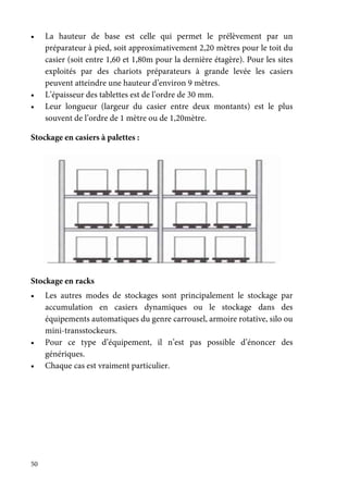 50
• La hauteur de base est celle qui permet le prélèvement par un
préparateur à pied, soit approximativement 2,20 mètres pour le toit du
casier (soit entre 1,60 et 1,80m pour la dernière étagère). Pour les sites
exploités par des chariots préparateurs à grande levée les casiers
peuvent atteindre une hauteur d’environ 9 mètres.
• L’épaisseur des tablettes est de l’ordre de 30 mm.
• Leur longueur (largeur du casier entre deux montants) est le plus
souvent de l’ordre de 1 mètre ou de 1,20mètre.
Stockage en casiers à palettes :
Stockage en racks
• Les autres modes de stockages sont principalement le stockage par
accumulation en casiers dynamiques ou le stockage dans des
équipements automatiques du genre carrousel, armoire rotative, silo ou
mini-transstockeurs.
• Pour ce type d’équipement, il n’est pas possible d’énoncer des
génériques.
• Chaque cas est vraiment particulier.
 