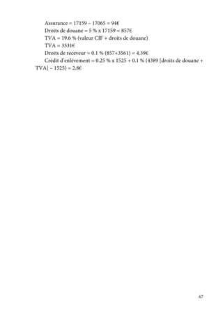 67
Assurance = 17159 – 17065 = 94€
Droits de douane = 5 % x 17159 = 857€
TVA = 19.6 % (valeur CIF + droits de douane)
TVA = 3531€
Droits de receveur = 0.1 % (857+3561) = 4.39€
Crédit d’enlèvement = 0.25 % x 1525 + 0.1 % (4389 [droits de douane +
TVA] – 1525) = 2.8€
 