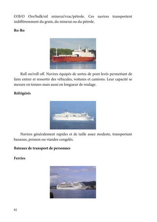 82
O/B/O Ore/bulk/oil minerai/vrac/pétrole. Ces navires transportent
indifféremment du grain, du minerai ou du pétrole.
Ro-Ro
Roll on/roll off. Navires équipés de sortes de pont levés permettant de
faire entrer et ressortir des véhicules, voitures et camions. Leur capacité se
mesure en tonnes mais aussi en longueur de roulage.
Réfrigérés
Navires généralement rapides et de taille assez modeste, transportant
bananes, poisson ou viandes congelés.
Bateaux de transport de personnes
Ferries
 