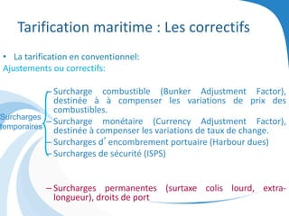Tarification maritime : Les correctifs
• La tarification en conventionnel:
Ajustements ou correctifs:
– Surcharge combustible (Bunker Adjustment Factor),
destinée à à compenser les variations de prix des
combustibles.
– Surcharge monétaire (Currency Adjustment Factor),
destinée à compenser les variations de taux de change.
– Surcharges d’encombrement portuaire (Harbour dues)
– Surcharges de sécurité (ISPS)
– Surcharges permanentes (surtaxe colis lourd, extra-
longueur), droits de port
Surcharges
temporaires
 