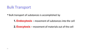 20
Bulk Transport
• Bulk transport of substances is accomplished by
1. Endocytosis – movement of substances into the cell
2. Exocytosis – movement of materials out of the cell
 