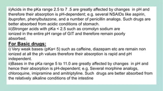 ii)Acids in the pKa range 2.5 to 7 .5 are greatly affected by changes in pH and
therefore their absorption is pH-dependent; e.g. several NSAIDs like aspirin,
ibuprofen, phenylbutazone, and a number of penicillin analogs. Such drugs are
better absorbed from acidic conditions of stomach.
iii)Stronger acids with pKa < 2.5 such as cromolyn sodium are
ionized in the entire pH range of GIT and therefore remain poorly
absorbed.
For Basic drugs:
i) Very weak basesi (pKa< 5) such as caffeine, diazepam etc are remain non
ionized at all the ph values therefore their absorption is rapid and pH
independent.
ii)Bases in the pKa range 5 to 11.0 are greatly affected by changes in pH and
hence their absorption is pH-dependent; e.g. Several morphine analogs,
chloroquine, imipramine and amitriptyline. Such drugs are better absorbed from
the relatively alkaline conditions of the intestine
 