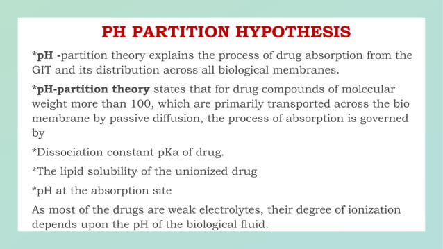 Properties of GI tract, pH partition hypothesis
