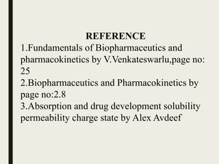 REFERENCE
1.Fundamentals of Biopharmaceutics and
pharmacokinetics by V.Venkateswarlu,page no:
25
2.Biopharmaceutics and Pharmacokinetics by
page no:2.8
3.Absorption and drug development solubility
permeability charge state by Alex Avdeef
 