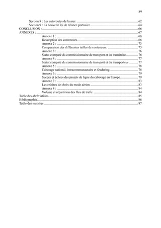 89
Section 8 : Les autoroutes de la mer. ........................................................................... 62
Section 9 : La nouvelle loi de relance portuaire........................................................... 64
CONCLUSION :...................................................................................................................... 66
ANNEXES :............................................................................................................................. 67
Annexe 1 : .................................................................................................... 68
Description des conteneurs........................................................................... 68
Annexe 2 : .................................................................................................... 73
Comparaison des différentes tailles de conteneurs. ..................................... 73
Annexe 3 : .................................................................................................... 76
Statut comparé du commissionnaire de transport et du transitaire............... 76
Annexe 4 : .................................................................................................... 77
Statut comparé du commissionnaire de transport et du transporteur ........... 77
Annexe 5 : .................................................................................................... 78
Cabotage national, intracommunautaire et feedering................................... 78
Annexe 6 : .................................................................................................... 79
Succès et échecs des projets de ligne du cabotage en Europe...................... 79
Annexe 7 : .................................................................................................... 83
Les critères de choix du mode aérien........................................................... 83
Annexe 8 : .................................................................................................... 84
Volume et répartition des flux de trafic. ...................................................... 84
Table des abréviations.............................................................................................................. 85
Bibliographie............................................................................................................................ 86
Table des matières.................................................................................................................... 87
 
