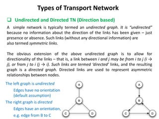 A simple network is typically termed an undirected graph. It is “undirected”
because no information about the direction of the links has been given – just
presence or absence. Such links (without any directional information) are
also termed symmetric links.
The obvious extension of the above undirected graph is to allow for
directionality of the links – that is, a link between i and j may be from i to j (i →
j), or from j to i (j → i). Such links are termed ‘directed’ links, and the resulting
graph is a directed graph. Directed links are used to represent asymmetric
relationships between nodes.
Types of Transport Network
 Undirected and Directed TN (Direction based)
The left graph is undirected
Edges have no orientation
(default assumption)
The right graph is directed
Edges have an orientation,
e.g. edge from B to C
 